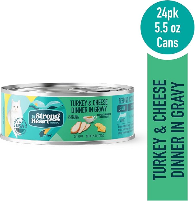 A Strong Heart Cat Food, Turkey & Cheese in Gravy, 5.5oz, 24pk | Real turkey & cheese, gravy texture, made in USA, all life stages, 24-pack