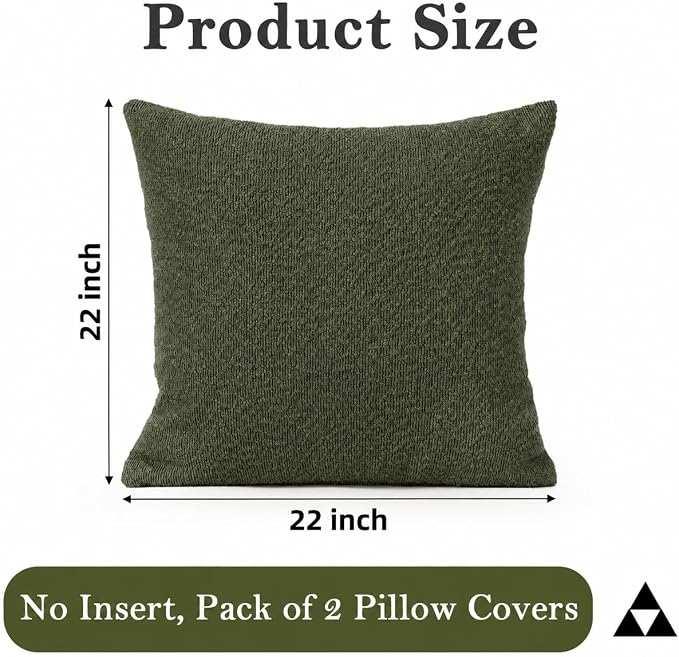 JoraLion 22x22 inch Boucle Throw Pillow Covers, Army Green Woven Texture Neutral Pillow Cover Breathable Cushion Case for Couch Sofa Bed Living Room Home Decor, Pack of 2, No Insert