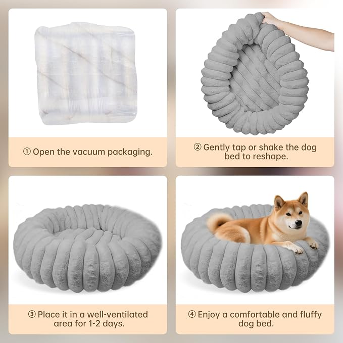 Washable Donut Dog Beds Large Sized Dog,Soft Pet Bed,36in Grey | Cozy Calming Round Cuddler, Fluffy Faux Rabbit Fur, Non-Slip Bottom, Anti-Anxiety, Circle Bed for Large Pets Up to 90 Lbs