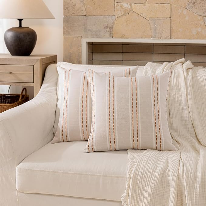 Hckot Fall Rust Terracotta Throw Pillow Covers 20x20 Set of 2 Stripe Pillow | Farmhouse Decorative Pillow Covers Square Cushion Covers for Sofa Couch Bed Living Room Modern Home Decor