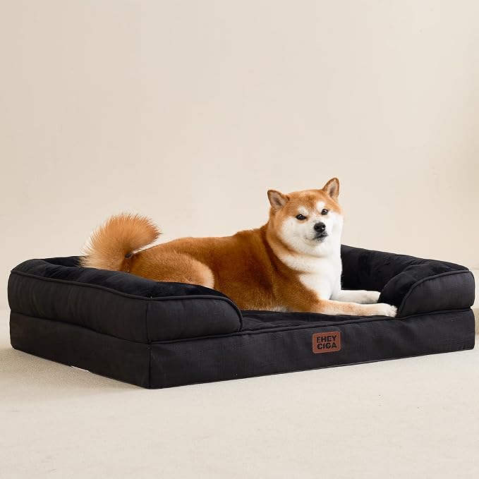 EHEYCIGA Orthopedic Dog Beds Large Sized Dog, Waterproof Washable Pet Bed | Non-Slip Bottom and Egg-Crate Memory Foam Dog Couch Bed with Washable Removable Cover, Black