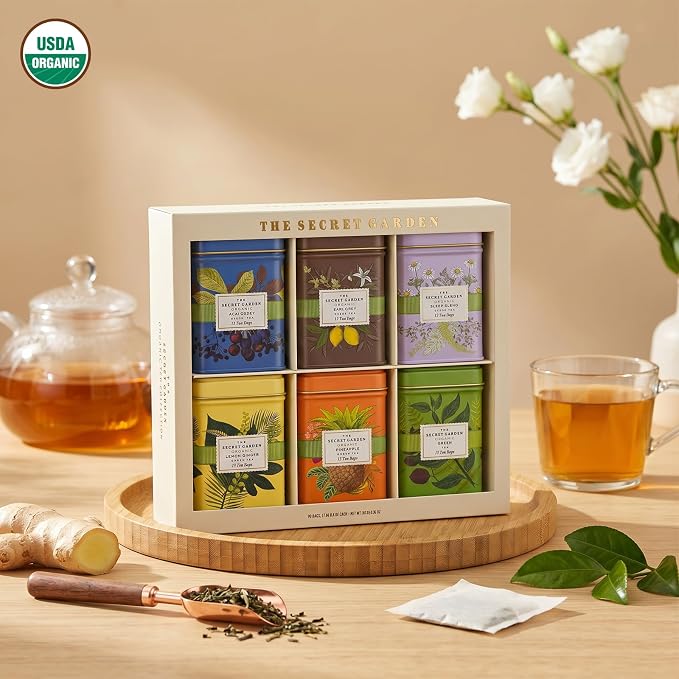 Life Plus Style Gourmet The Secret Garden Organic Tea Collection 6 Assorted Tins 90 Tea Bags Green Black and Herbal Blends with Fruit Infusions for Wellness Ideal for Gifting