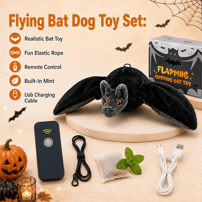 Flying Bat Dog Toy,Flapping Bird Interactive Cat Toy,Flying Bt Toy for Dogs | Cute Flapping Wings Electric Teasing Cat/Dog Toy,Indoor Chase Toy for Exercise,Hanging and Ground Play(1Pc)