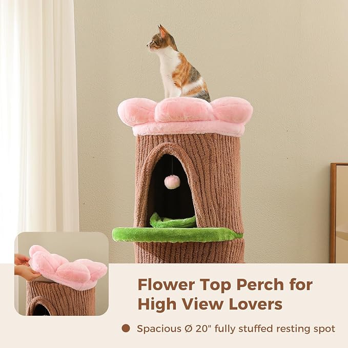 MUTTROS 68.5" Forest Cat Tree Tower with 4 Condos & Flower Top Bed, Brown | Tree-look design, 3.8in thick sisal post, 4 spacious condos, Flower top bed, Heavy duty build, Multi-cat homes