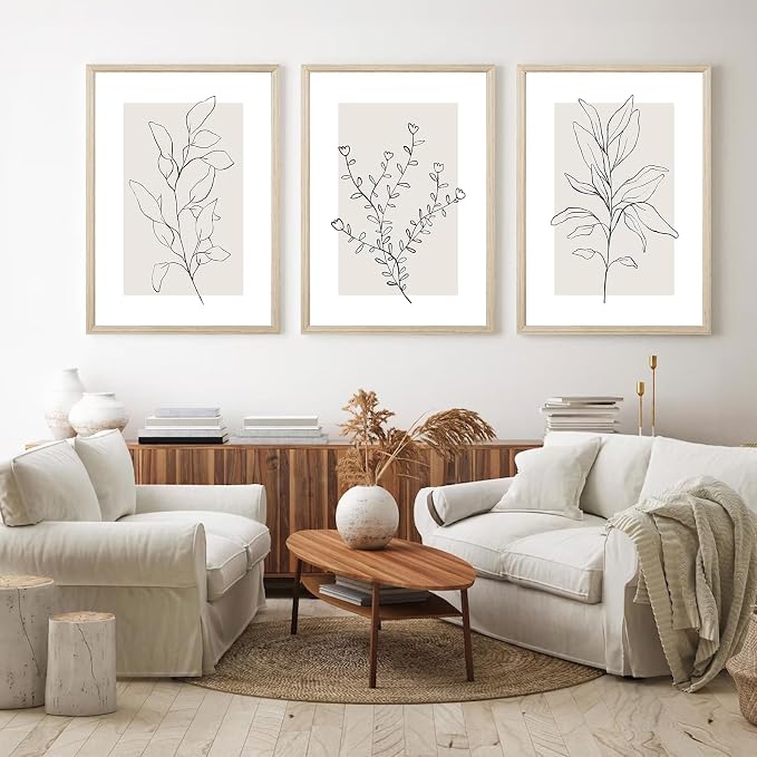 Neutral Botanical Prints Wall Art Decor Plant Minimalist Canvas Pictures Vintage Beige Wall Art Modern Farmhouse Line Poster Boho Abstract Painting Artwork for Bedroom 16x24 Inch Framed Set of 3