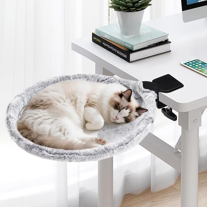 Uross Cat Desk Bed - 180° Rotating Soft & Comfortable Rabbit Fur Bed, Modern Indoor Cat Nest Furniture for Office Desks and Game Tables, Island Table-Supports 50 lbs-(Lightgrey)