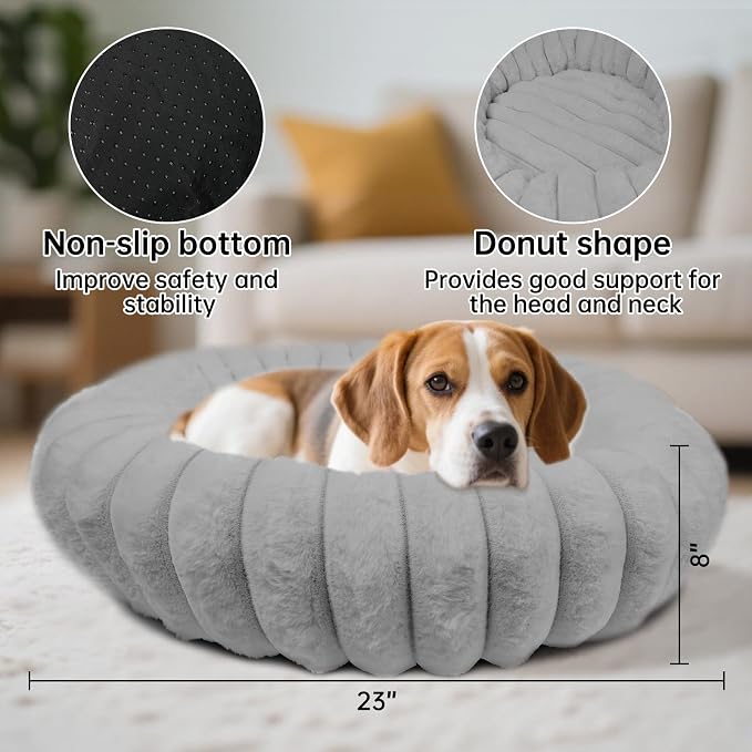 Donut Dog and Cat Bed, Luxurious Comfortable Faux Rabbit Fur Pet Beds, Round Anti-Anxiety Calming Puppy Kitten Bed with Anti-Slip Bottom for Small Medium Dogs & Cats(23", Grey)