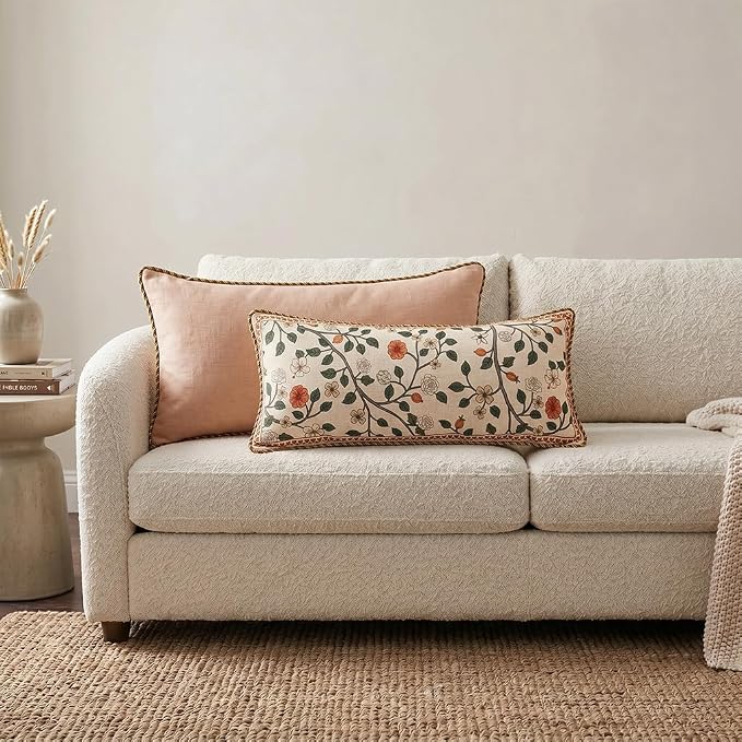 Designer Elegant Linen Throw Pillow Cover,Set of 2,28"x12"-Flora A | French Rectangle Decor Pillow Cover,Concealed Zipper Design,Floral Pattern,Sofa,Bedroom,Living Room,Lounge Chairs