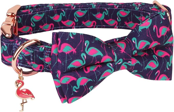 ADOGGYGO Flamingo Dog Collar with Bow Tie, Summer Hawaiian Collar, Small
