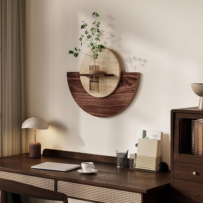 3D Textured Round Wall Art Decor With Vase, Modern Minimalist Sandstone Painting Artwork for Walls, Vintage Nature Wood Tone Botanical Wall Decor for Living Room, Hallway, Dining Room, Bedroom, Office