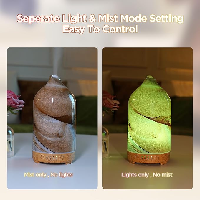 Essential Oil Diffuser Hand Blown Glass Aromatherapy Diffuser - Ultrasonic Cool Mist Scent Aroma Diffuser, Whisper Quiet with Auto Shut-Off, Timer Setting &7 Colors Night Light for Home