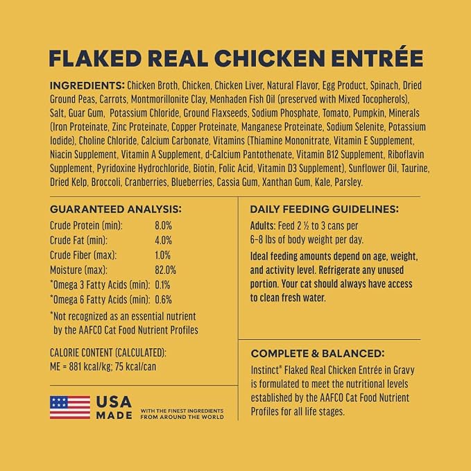 Instinct Flaked Entrees, Wet Canned Cat Food, Chicken, 3 oz. (24 Count) | Tender flaked cuts in savory gravy, high protein, real chicken, whole-food ingredients, grain-free, hydration support