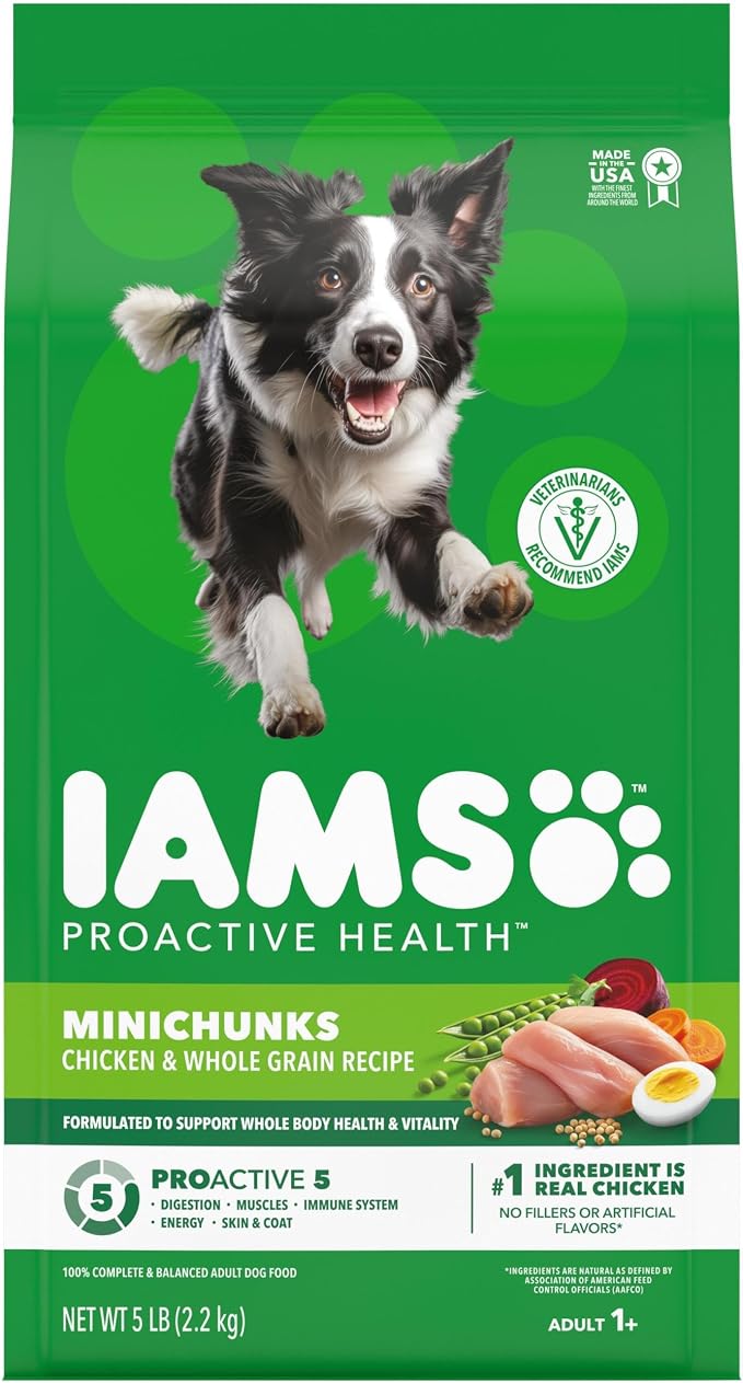 IAMS Proactive Health Adult Minichunks Dry Dog Food, Chicken, 5 lb | Real chicken #1 ingredient, no fillers, natural fiber & prebiotics, Omega-6 fatty acids, antioxidants for immune support