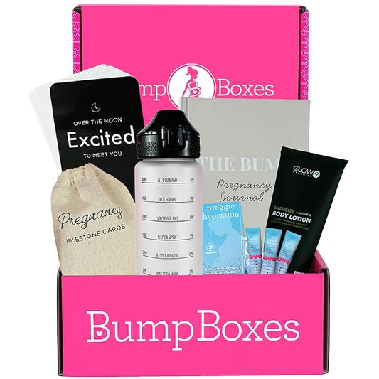 Bump Boxes 1st Trimester Pregnancy Gifts for Expecting Moms with Water Bottle, Journal, Lotion and Milestone Cards, Gift for Mother to Be