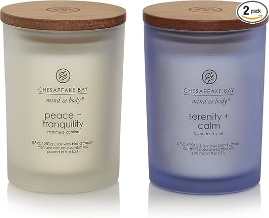 Chesapeake Bay Medium Jar Candles Duo - Peace + Tranquility (Cashmere Jasmine) and Serenity + Calm (Lavender Thyme) Home Decor
