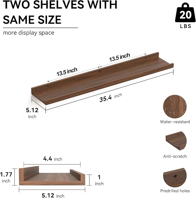 Boswillon Floating Shelves Set of 2, Long Wall Shelf with Lip, 36in, Walnut | Display Ledge Shelf for Room Wall, Wall Decor Shelves for Bathroom, Living Room, Bedroom, Kitchen, Nursery Room, Rustic, Wood