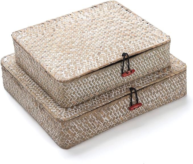 Whitewash Flat Seagrass Storage Bins with Lid, Wicker Basket for Shelf Organize, Set of 2 (Small+Large)
