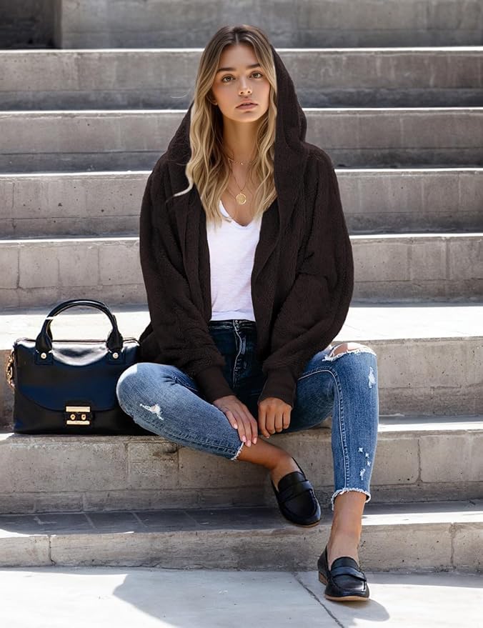 Zilcremo Women Hooded Cardigan Fuzzy Jacket Winter Open Front Fleece Coat Outwear with Pockets