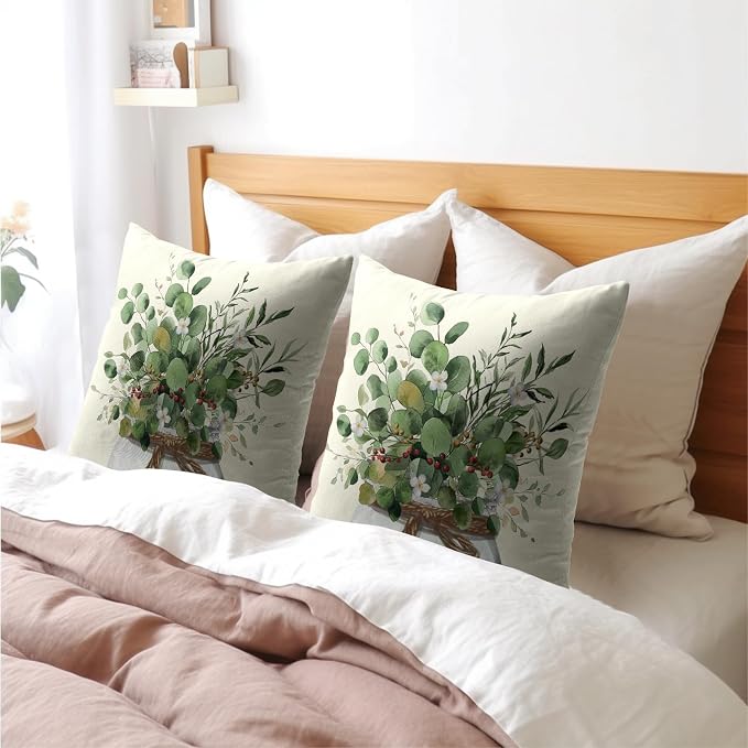 Kawani Eucalyptus Throw Pillow Covers 16x16 Inch Set of 2 Spring Summer Watercolor Green Leaves Floral Mason Jar Pillowcase Cotton Linen Square Cushion Case for Couch Sofa Bed Home Decor