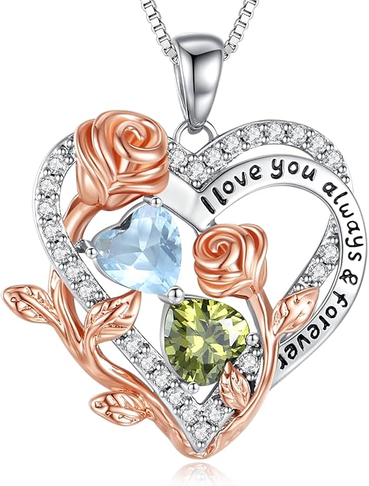 I Love You Birthstone Necklace, 925 Sterling Silver Heart Pendant with CZ Diamond Stones, Birthday Gifts for Women, Romantic Gift for Wife, Girlfriend, Her, Anniversary, Valentine's Day, Christmas
