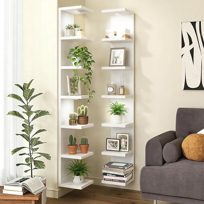 Fixwal 7 Tier Wall Shelf with LED Lights for Room Deocr (White, 2 Pack) | 76.8in Tall, Holds 44Lbs Total, Flexible Section Installation, Fits Any Room Decor