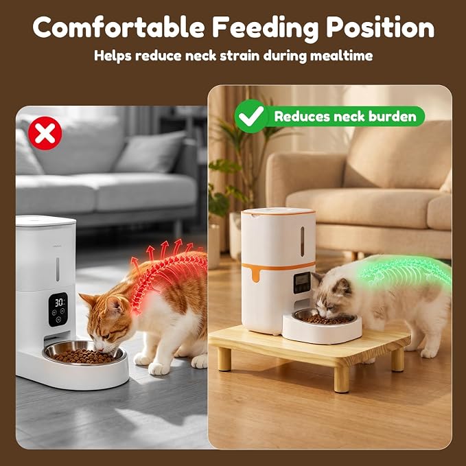 Elevated Cat Food Stand for Automatic Feeders, 13.5 x 7.8, 1 Pack | Adjustable to 2.4" or 3.9", raised platform for most auto feeders and cat bowls, solid pine wood, for comfortable feeding
