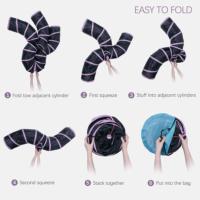 EGETOTA Cat Tunnel for Indoor Cats Large, with Play Ball S-Shape 5 Way Collapsible Interactive Peek Hole Pet Tube Toys, Puppy, Kitty, Kitten, Rabbit (Pink & Black)