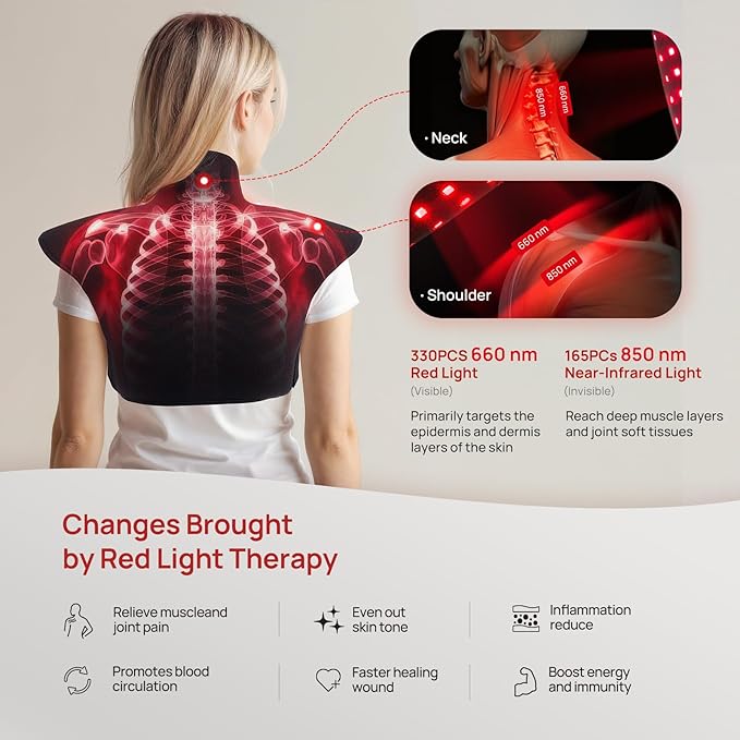 Red Light Therapy for Neck and Shoulders, Wearable Near Infrared Light Therapy Pad for Body Upper Back, 660nm&850nm 3-in-1 Chip, Red Light Therapy Pad for Back(Black)