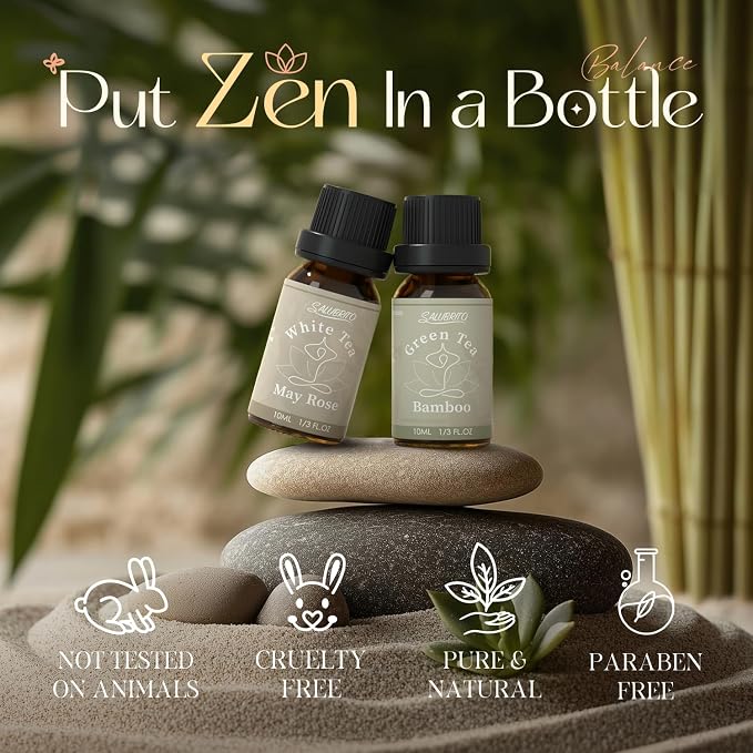 SALUBRITO Zen Fragrance Oil Set, Tea Essential Oil for Diffuser, Candle, Soap Making, White Tea, Black Tea, Green Tea Blended with Rose, Bamboo, Lavender, Sandalwood, Frankincense, Citrus Scented Oil