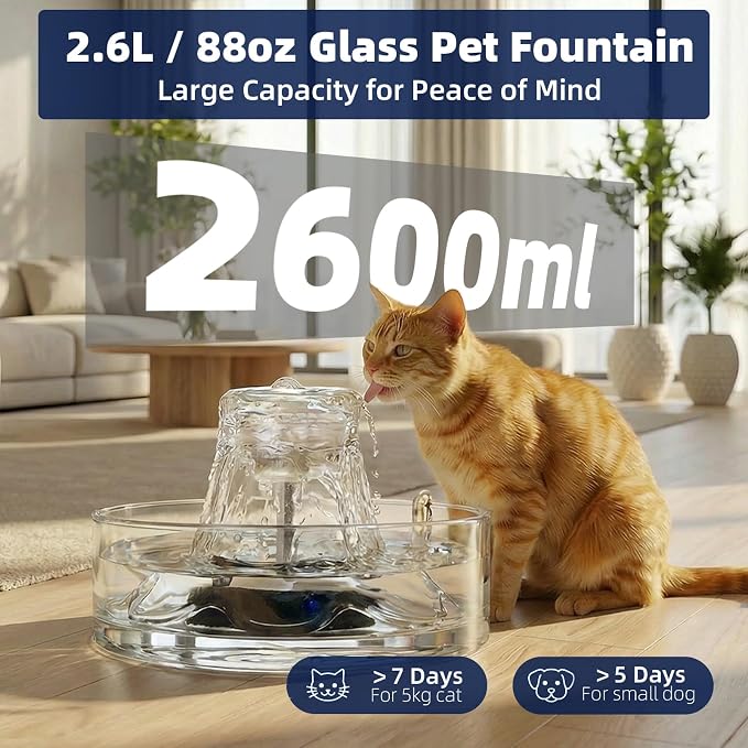 Glass Cat Water Fountain 88oz/2.6L, Cat & Dog Water Fountain for Drinking, Ultra-Quiet Glass Water Fountain for Cats Indoor, Pet Water Fountain for Multi-Cat Homes, Automatic Water Dispenser for Cats