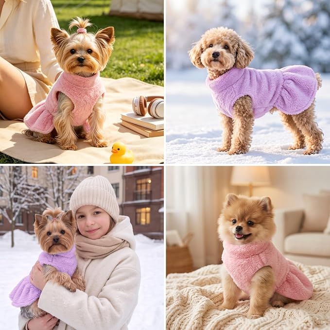 Idepet Winter Dog Dress 2 Pack, Puppy Pet Skirt Small Dogs Girl Clothes | Warm Coral Fleece, Machine Washable, for Indoor Daily Wear, Outdoor Walking, Halloween Christmas Holiday Gift, Easy On & Off