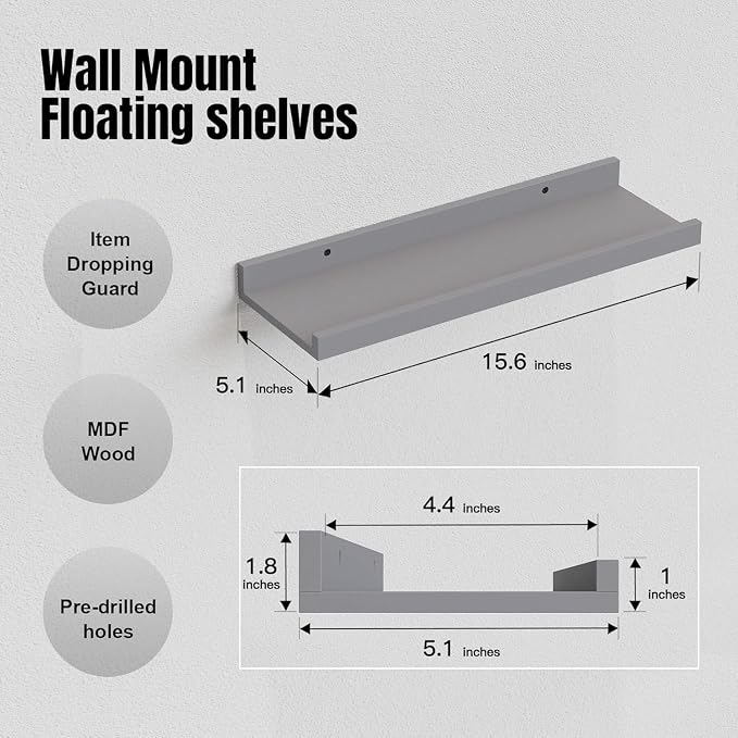RICHER HOUSE 3-Set Floating Shelves with Lip, Grey Small Wall Shelf, 16In | Display Picture Ledge Shelf, Anti-drop lip Shelf for Room Wall Decor, Bedroom Bathroom Storage Nursery Books, Easy Setup,Wood