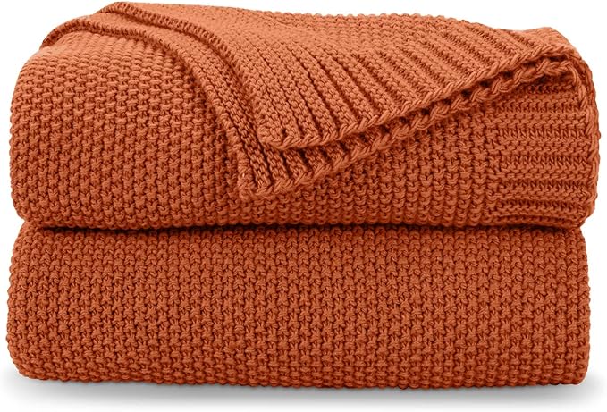 CozeCube Burnt Orange Seed Stitch Throw Blanket 60"x80", Farmhouse Decor | Blanket for Couch, Soft Cozy Cable Knit Throw for Bed Sofa Living Room, Lightweight Warm Decorative Christmas Blanket