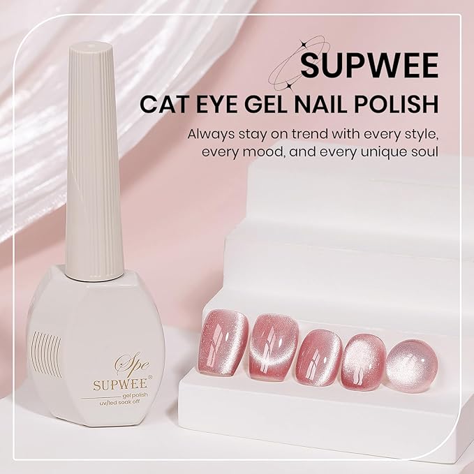 Pink Cat Eye UV Gel Nail Polish, 15ML Magnetic Crystal Holographic Cateye Gel Polish Glitter Shimmer Reflective Nail Polish Gel with Magnet Soak Off Salon DIY at Home