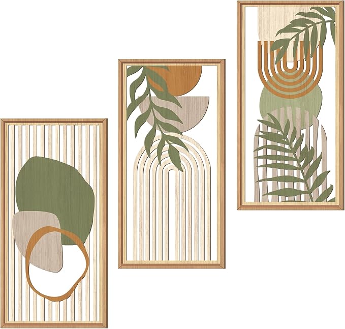 IARTTOP Boho Mid-century Modern Wood Wall Art 8x16 Inch Framed Green Bohemian Abstract Wooden Wall Decor Set of 3 Minimalist Geometric Leaf Artwork for Living room Bedroom Office