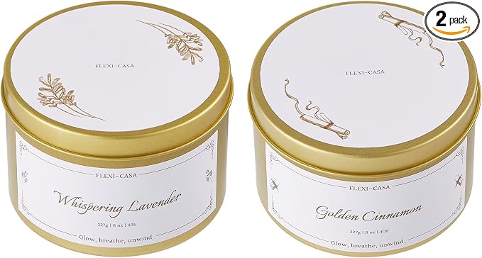 Lavender Cinnamon Candle Set, Soy Wax Tin Candles, 2 Pack | Lavender and cinnamon 2-pack soy wax tin candles, 8 oz each, with warm floral scents and gift-ready packaging
