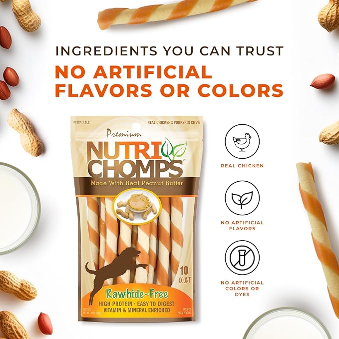 NutriChomps Rawhide Free Dog Chews, Real Peanut Butter, 5in Twists, 10ct | Long-lasting chew. High protein, low fat, healthy & delicious treat for dogs.