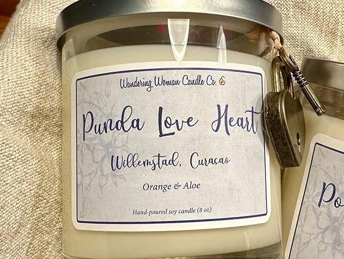 Wandering Woman Candle Company 8 oz Soy Wax Candle (Punda Love Heart, Curacao: Orange & Aloe)
