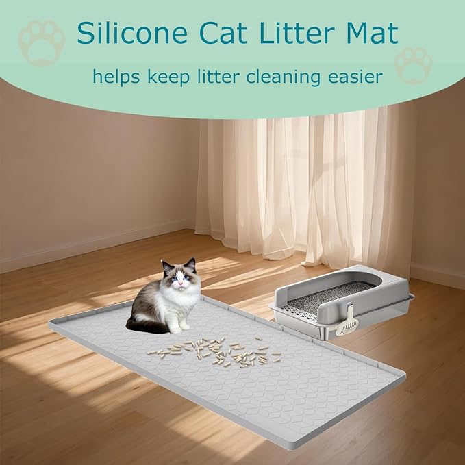 Cat Litter Mat for Litter Box, Silicone Large Cat Litter Trapping Mat - 40x28 in, Waterproof & Non-Slip, Durable & Easy Clean, Light Gray