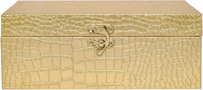 Set of 2 Wooden Decorative Nesting Storage Boxes, Gold Crocodile Leather with Clasp for Home Kitchen Living Room, Ideal Gift for Wedding Memories Jewelry Trinket