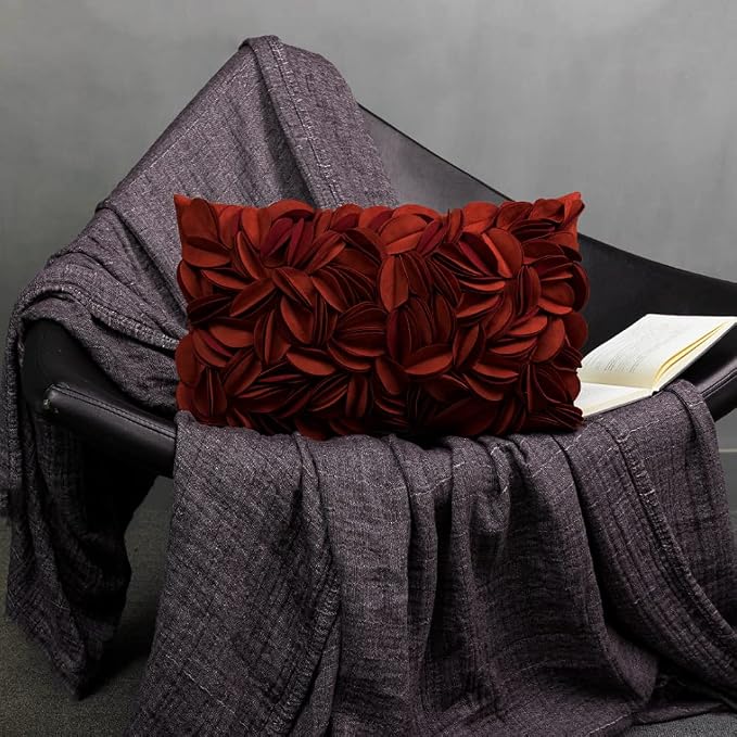 KINGROSE Handmade 3D Flower Throw Pillow Cover, Rust Red, 12x20 Inches | Soft Solid Suede Pillowcase, Rectangle Cushion Cover, Vintage Floral, For Sofa Couch Chair Bed, Home Decorative