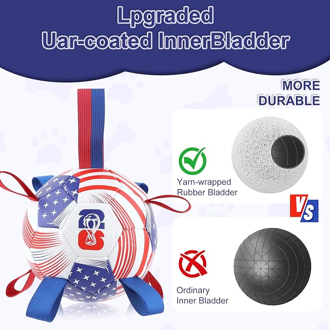 Dog Soccer Ball with Straps, 7.25 Inch Herding Dog Ball Toys World Cup Dog Toy, Balls for 30-90lbs Dogs, Outdoor Dog Toy for Medium Large Puppy, Interactive Toy for Tug, Water Toy Ball,U.S.A