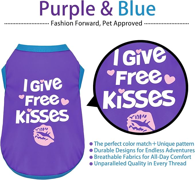 Color-Blocked Dog Tank Top with Playful Heat Transfer Designs – Lightweight Polyester Shirt for Small,MediumDogs, Perfect for Casual Outings.I Give Free Kisses Deep Purple L
