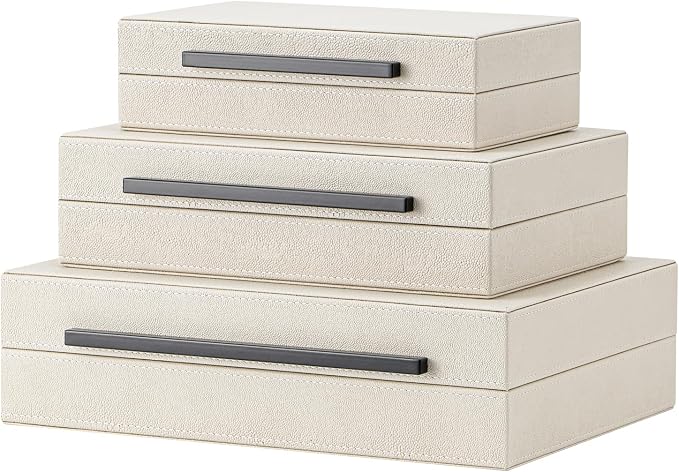 XIGEXIGE Set of 3 Beige Shagreen Decorative Storage Boxes with Black Metal Handles –Faux Leather Large Modern Stackable Nesting Jewelry Box with Lids Organizer