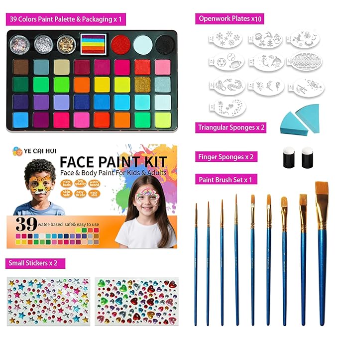 Face Painting Kit for Kids,39 Color Non Toxic Water Based Large Capacity Facepaint Kit,Face Paint Including 8 Fluorescent Color For Halloween,Cosplay,Parties,School Event,Stage,Carnival