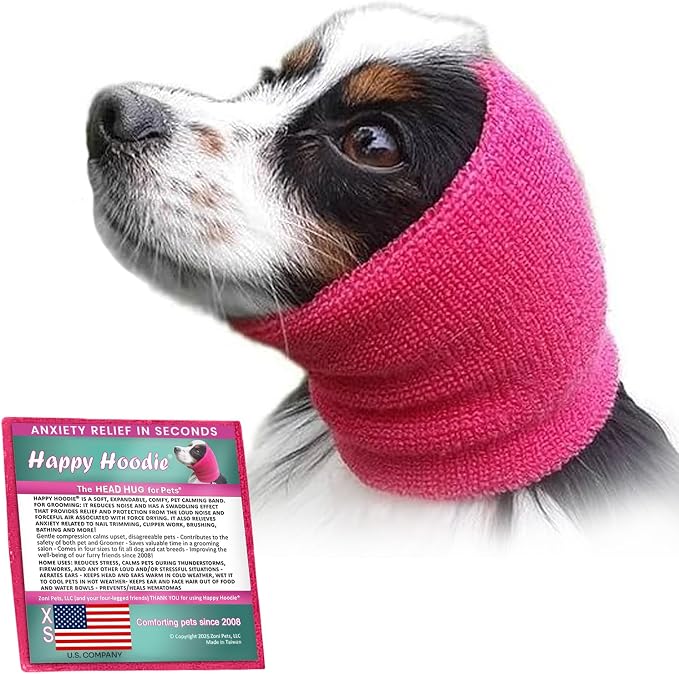 Happy Hoodie The Original Dog & Cat Calming Band - American Brand - Anxiety Relief/Noise Protection-Grooming-Thunder-Fireworks (XS, Pink) - Since 2008