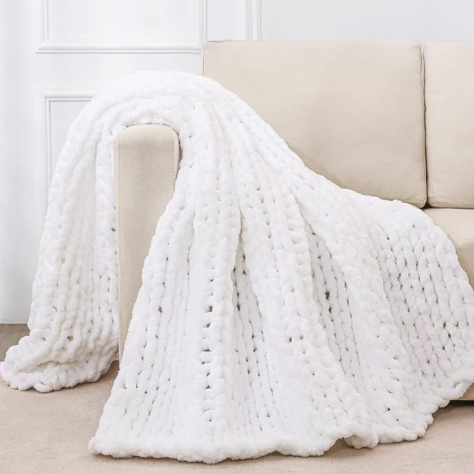 Bigacogo Chunky Knit Throw Blanket for Couch, 40x80 inches, Pure White | Hand Knit with Jumbo Chenille, Soft Breathable Cable Knit for Sofa Bed Living Room, Machine Washable, Gift for Mom Friend