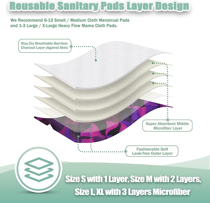 wegreeco Charcoal Reusable Menstrual Pads - Reusable Sanitary Pads | Reusable Panty Liners | Soft Cloth Menstrual Pad- 6 Pack with 1 Cloth Mini Wet Bag (Abstract Geometrical Purple, Small)