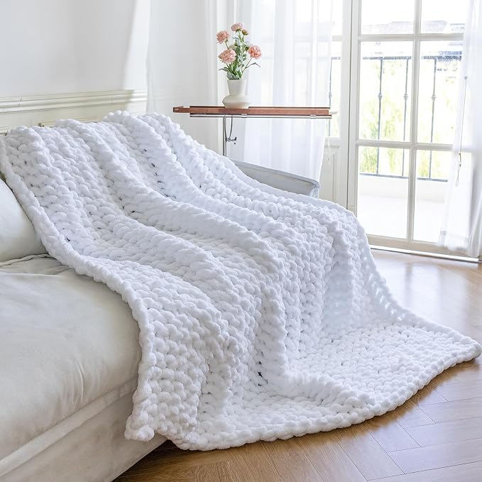 Chunky Knit Blanket - Luxury Soft Cozy 50 * 60 Throw Blanket,100% Woven Blanket Rope Knot Throw Blanket for Couch, Sofa, Home Decor, Gift - Machine Washable (White, 50 * 60)