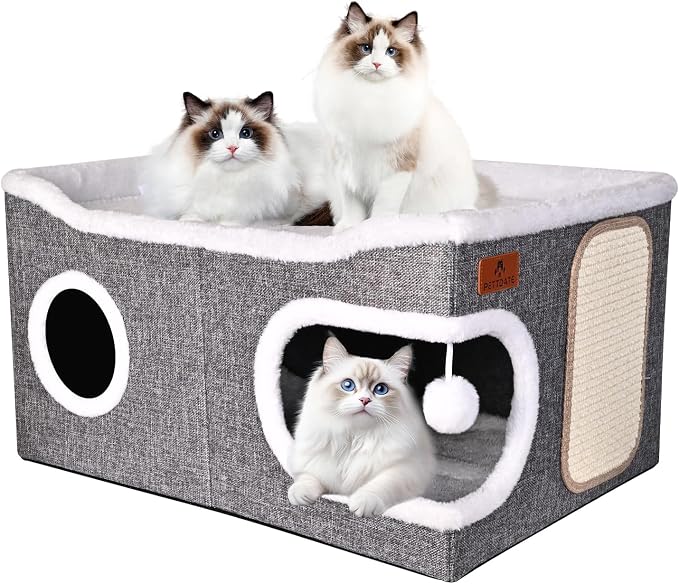 Extra Large Cat Beds for Indoor Cats, Covered Cat Cave Beds & Furniture with Scratch Pad and Fluffy Ball, Foldable Cat Condo Hideaway with Reversible Cushion for Multi Small Pet Large Kittens, Grey